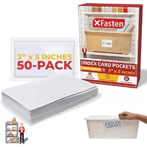 XFasten Clear Adhesive Pockets for Labels 3" x 5" 50-Pack Self Adhesive Index Card Holder Pocket Sleeves for Storage Bins with Top Open Peel and Stick Index Card Plastic Storage for Organizing Boxes