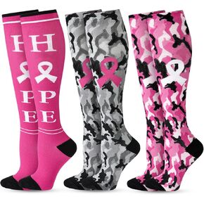 Cindeer 3 Pairs of Breast Cancer Awareness Socks for Women Pink Ribbon Knee High Socks Football Gifts Socks for Women