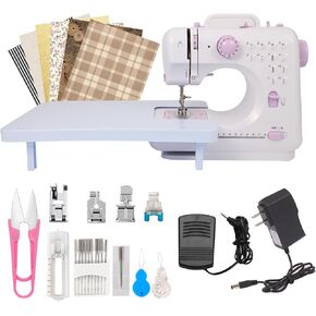 Sewing Machine for Beginners with Extension Table and Sewing Supplies Set,Portable Kids Sewing Machine with Foot Pedal,2 Speeds/12 Stitch Patterns/Tangential Barrel Seam Function/Light/Drawer