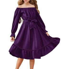Arshiner Girls Long Sleeve Dresses Fall Party Formal Holiday Swing Flowy Ruffle Midi Dress