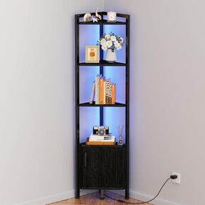 Furnulem Corner Shelf with LED Light, 5 Tier Corner Narrow Bookshelf with Door, Corner Cabinet Display Shelf for Bedroom, Living Room, Kitchen, Metal Frame, Wood Display Shelf (Black Oak)