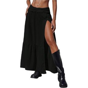 SHENHE Women's Summer Low Rise Maxi Skirt High Slit Ruffle Hem Flowy Boho Long Skirt