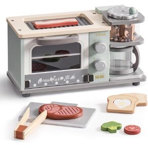 ROBUD Toddler Kitchen Playset - Wooden Breakfast Set with Coffee Maker, Toaster, Griddle, Play Food - Realistic Pretend Play Appliance and Accessories for Kids Ages 3+ Boys and Girls (Mint Green)