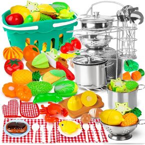 95PCS Kids Pretend Play Kitchen Toys Accessories,Kids Kitchen Playset,Stainless Steel Cookware Pots and Pans Cooking Toys,Pretend Cutting Play Food Set for Kid Kitchen