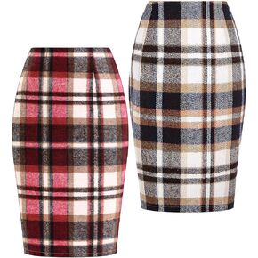 Coume 2 Pack Womens Wool Midi Plaid Skirts 2024 Fall Winter Pencil Knee Length High Waisted Bodycon Skirt with Slit