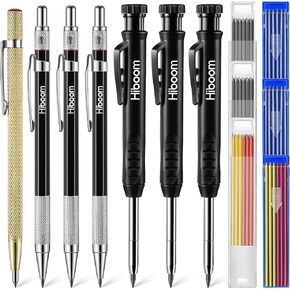 Hiboom 7 Pcs Carpenter Mechanical Pencil 2-in-1 Set with 54 Pcs Solid Refills Carbide Scriber and Deep Hole Marker Woodworking Construction with Sharpener Marking Tool for Architect Projects (Black)