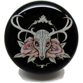 Pair* Deer Skull w/Roses Ear Plugs - Acrylic Screw-On - 10 Sizes (0 Gauge (8mm))