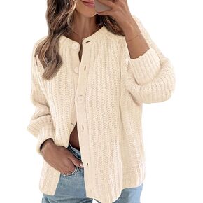 MEROKEETY Women's 2024 Long Sleeve Cardigan Sweater Crew Neck Button Ribbed Open Front Knit Outerwear