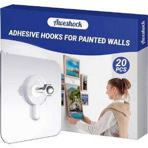 Picture Hangers Without Nails, Wall Hangers Without Nails,20 Packs Picture Hanging Hooks and Picture Frame Hangers Without Nails, Maximum Load of 13 LB