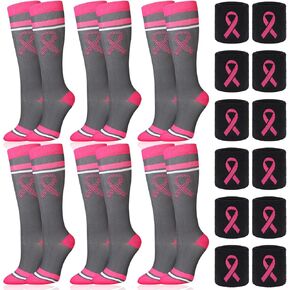 Xtinmee 6 مجموعات من الجوارب الوردية للتوعية بسرطان الثدي، أربطة رأس ناعمة للمعصم، جوارب عالية للركبة، جوارب دائرية بشريط وردي (نمط كلاسيكي) in Kuwait
