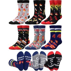 Eurzom 6 Pairs Novelty Firefighter Socks for Men Fireman Gifts Cotton Casual Crew Socks Cool Christmas Gifts for Firefighters Birthday Holiday Accessories