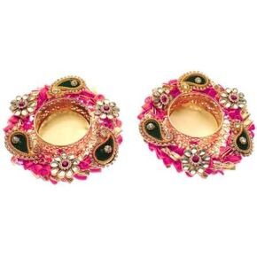 Set of 2 Decorative Tea Light with Beads T Light Holder Flower Candle Stand Lightning Accessory Indian Traditional Festival Diwali Decoration for Housewarming Home Decor(Without Wax)(Size:-3")(Pink)