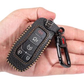 for Ford Key Fob Cover Keychain Leather Car Smart Key Case Protector Holder Compatible with Explorer Mustang Fusion F150 Edge Lincoln MKZ MKC Nautilus (Black)