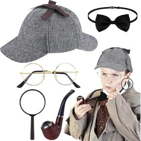 5 PCS Detective Costume Accessories for Kids Detective Hat Magnifying Glass Bow Tie for Halloween Dress Up Supplies