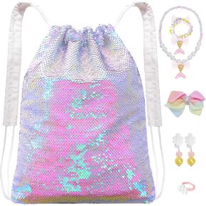 Mermaid Sequin Drawstring Backpack for Kids Girl Birthday Christmas Halloween Party Gifts Travel Beach Swim Bag Purple Silver