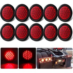 10Pcs 4" Inch Round Red LED Trailer Tail Lights 24 LED 4" Round LED Stop Turn Tail Lights Trailer Brake Lights Waterproof Flush Mount w/Grommets 3-Prong Wire Pigtails for Trucks RV UTE UTV 12V