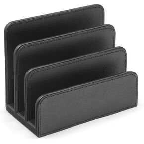 OSCO Black Faux Leather Letter Holder | Mail Sorter | Post Rack | Envelope Organiser | Document Stand | Desk File Storage | Display Slots | H14 x W17.5 D10 cm |