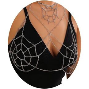 Metal Silver Mesh Bra Body Chain Goth Halloween Chest Chain Bikini Festival Underwear Chain Top Harness Body Chain Necklace Jewelry for Women (Silver)