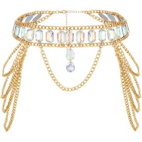 Asooll Rhinestone Layered Waist Chain Gold Metal Belly Chains Beach Bikini Party Waist Accessories for Women and Girls (Gold)