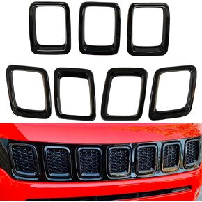 7Pcs Front Bumper Rings Grill Vent Insert Trim Cover Frame Compatible with 2017 2018 2019 2020 Jeep Compass Gloss Black