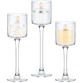 Yaomiao 12 Sets (36 Pcs) Tall Glass Candle Holder Clear Tea Light Candle Holders Floating Candle Holder for Wedding Party Dining Bathroom Table Centerpiece Pillar Candles Settings, 3 Sizes