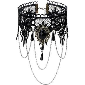 Vintage Lace Skull Choker Necklace for Women Punk Gothic Black Sexy Lace Necklaces Tassel Collar Vampire Statement Choker Necklace Halloween Classic Choker Gifts