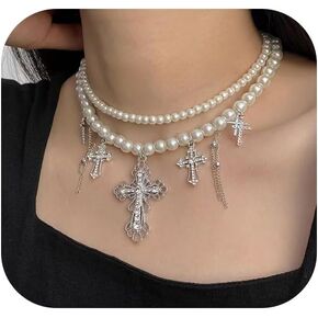 Y2K Layered Pearl Necklace Gothic Rhinestone Cross Pearl Stacked Choker Necklace for Women