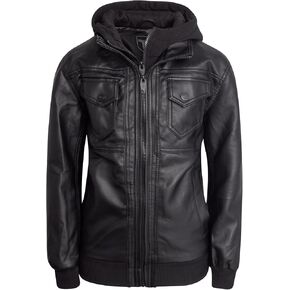URBAN REPUBLIC Boys' Bomber Jacket - Hooded Zip Up Faux Leather Jacket with Fleece Bib - Cozy Boys Outerwear Jackets (8-20)