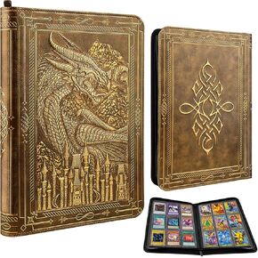 Card Binder 9 Pocket, 3D PU Leather Album with Zipper, 360 Side Loading Pockets for TCG, MTG, Lorcana, Other Collectible Cards, Trading Card Game Protective Folder Album (Golden Brown)