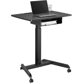 Height Adjustable Mobile Workstation Lectern with Open Drawer, Tablet and Mobile Phone Groove, and Cup Holder (Black)
