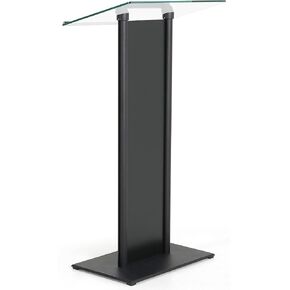 M&T Displays Tempered Clear Glass Conference Podium Stand with Aluminum Front Panel and Black Body and Base 43.9 Inch Height Floor Standing Lectern Pulpit Desk for Classroom Church