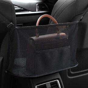 Car Net Pocket Handbag Holder, Auto Net Pocket Purse Holder Between Front Seats Car Storage Organizer, Universal Car Interior Accessories Barrier of Backseat Pet Kids (Black)