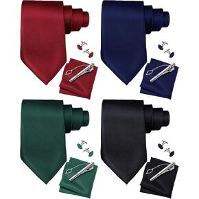 4 مجموعات من ربطات العنق الرسمية بلون واحد ومربع جيب مع أزرار أكمام ومشابك ربطات عنق رسمية للأعمال من الساتان للرجال in Kuwait
