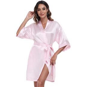Women's Satin Robe Short Kimono Bathrobes for Women Bridesmaid Bride Wedding Party Robes Sleepwear with Side Pockets