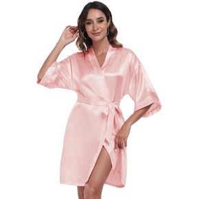 Women's Satin Robe Short Kimono Bathrobes for Women Bridesmaid Bride Wedding Party Robes Sleepwear with Side Pockets in Saudi Arabia