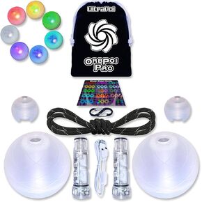 مجموعة OrbPoi Pro - Orb Poi Pro مع مقابض LED UltraKnob Pro - كرات Poi LED قابلة لإعادة الشحن عبر USB مع 40+ أوضاع وأنماط ألوان - كرات LED Poi الدوارة مع حافظات ناعمة متينة - لعبة فنون التدفق، UltraPoi