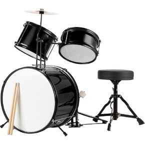 Kids Drum Set - 3-Piece Drum Kit with Cymbal, 2 Toms, Bass Drum and Pedal, Drumsticks, and Throne - Beginner Musical Instruments by Hey Play (Black)