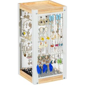 keomaisyto 360 Rotating Earring Holder Display Organizer, Metal Mesh Jewelry Stand Jewelry Holder Organizer, Necklace Rack with Ring Tray, Jewelry Tower Storage Rack with Bracelets Holder, White+Wood