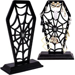 Coffin Spiderweb Earring Holer - Halloween Decor for Bathroom and Bedroom - Gothic Wooden Makeup Organizer for Girls - Goth Accessories for Vanity - Witchy Gifts for Women