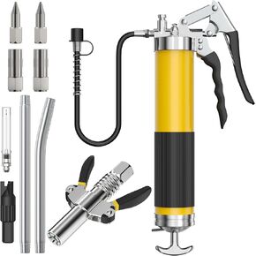 Grease Gun Kit with Hose: Lube Grease Guns Tool for 14 Oz Grease Tube - Pistol Grip Heavy Duty Grease Gun with Locking Coupler and Needle Tip Nozzle - Manual Cordless Grease Gun with Zerk Fitting