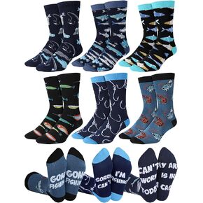 Eurzom 6 Pairs Novelty Fishing Socks for Men Funny Fishing Gifts Fish Themed Crew Socks for Fishing Lover Christmas Stocking Stuffers Birthday Gift