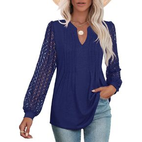 Micoson Womens Lace Long Sleeve Tops V Neck Pleated Blouses Dressy Casual Work Shirts