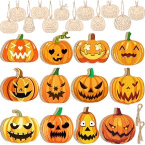 48 Pack Halloween Wooden Pumpkin Ornaments Jack O Lantern Pumpkin Wooden Slices Cutout Ornaments DIY Halloween Crafts Home Party Activities in Kuwait