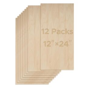 OMTech 12 Pack Basswood Sheets, 12x24 Inch Plywood Sheets for Crafts, 1/8" Thick Wood Sheets for Laser Cutting Engraving, Unfinished Wood Boards for DIY Projects Drawing Painting Architectural Models