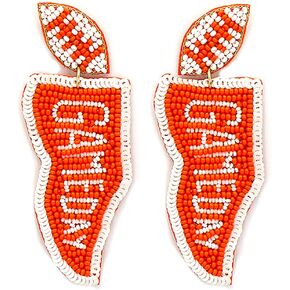 Beaded Gameday Post Earrings Handmade Gameday Flag Earrings College Sport (Orange/White)