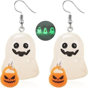 Ghost Earrings，Spooky Halloween Earrings Necklace Set for Women Pumpkin Ghost Glow In The Dark Dangle Earrings，3d Light Up Candy Corn Necklaces Holiday Jewelry Gifts