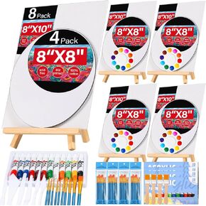 Painting Kits for Adults with Acrylic Paint Canvas Set,118PCS 8x10" Canvas and Round Painting Boards Wood Easel, Paint Brushes Sip and Paint Date Night Kit for Couples, Artists and Beginner