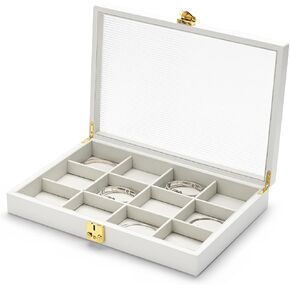 Oirlv White 24 Grid Premium Leather Jewelry Organizer Tray with Clear Lid Lockable Jewelry Box Earrings Rings Holder Box for Women Girls (Creamy-white Interior) 24 Grid