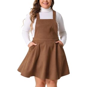 Agnes Orinda Plus Size Pinafore Overall Dress for Women Adjustable Strap Casual Vintage Faux Suede Dresses with Pockets
