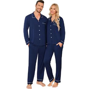 SWOMOG Couple Pajamas Set Long Sleeve Button Down Pj Set Soft Sleepwear Loungewear with Pockets